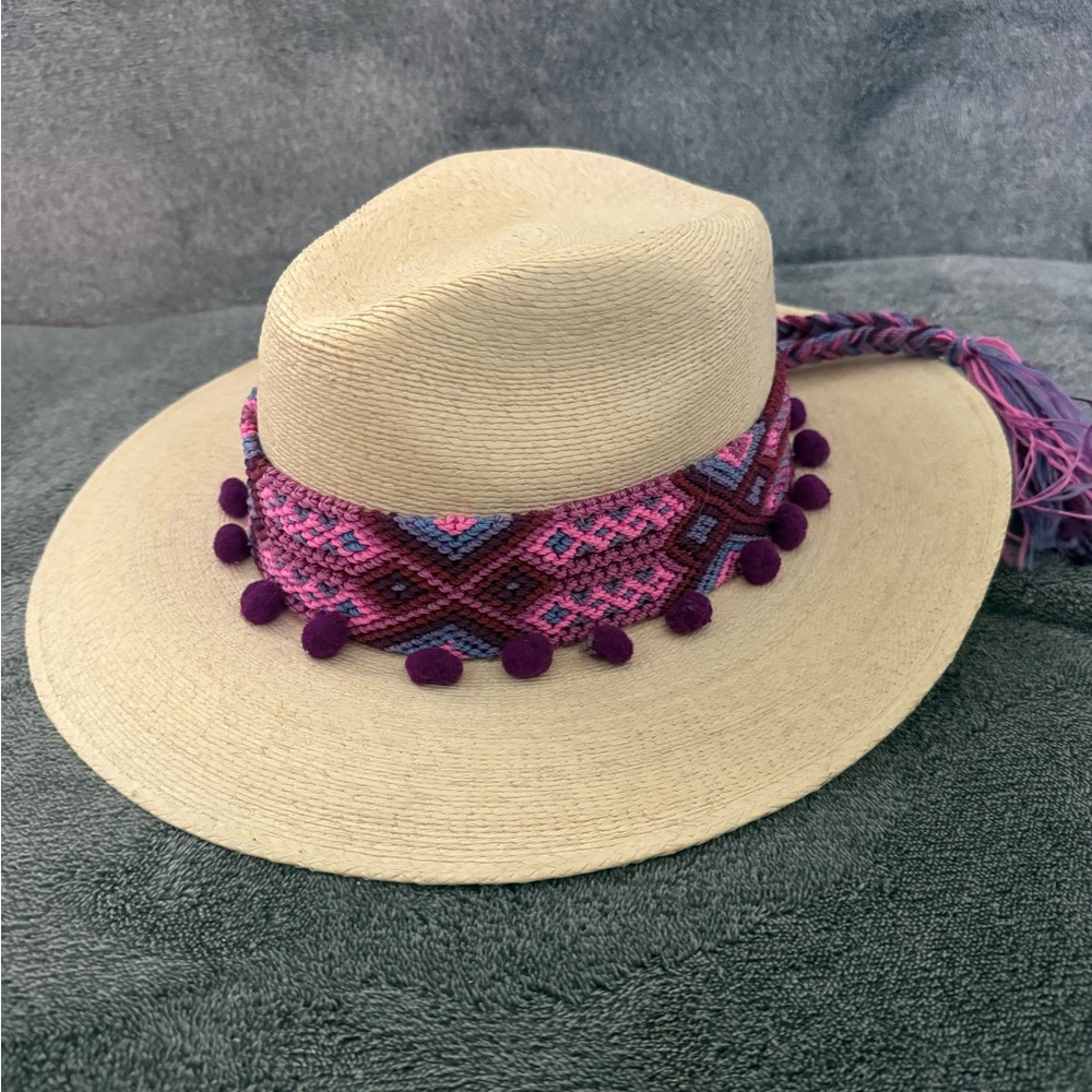 Stylish Straw Beige Hat with Pink and Purple Accents